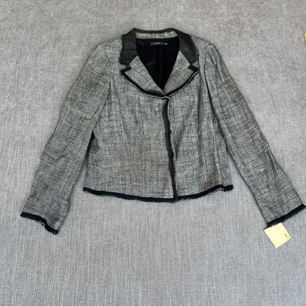 JON Vintage 100% Linen Blazer Jacket Womens Size M Gray Black Fringe Trim Tweed